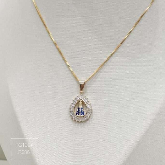 Pingente N. S. Aparecida Gota Baguetes Cristal Dourada